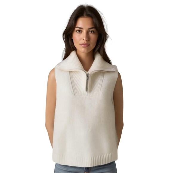 H&M Women's Knitted Zip-Up Collar Sweater Vest Light Beige Side Slit One Size - Picture 1 of 6